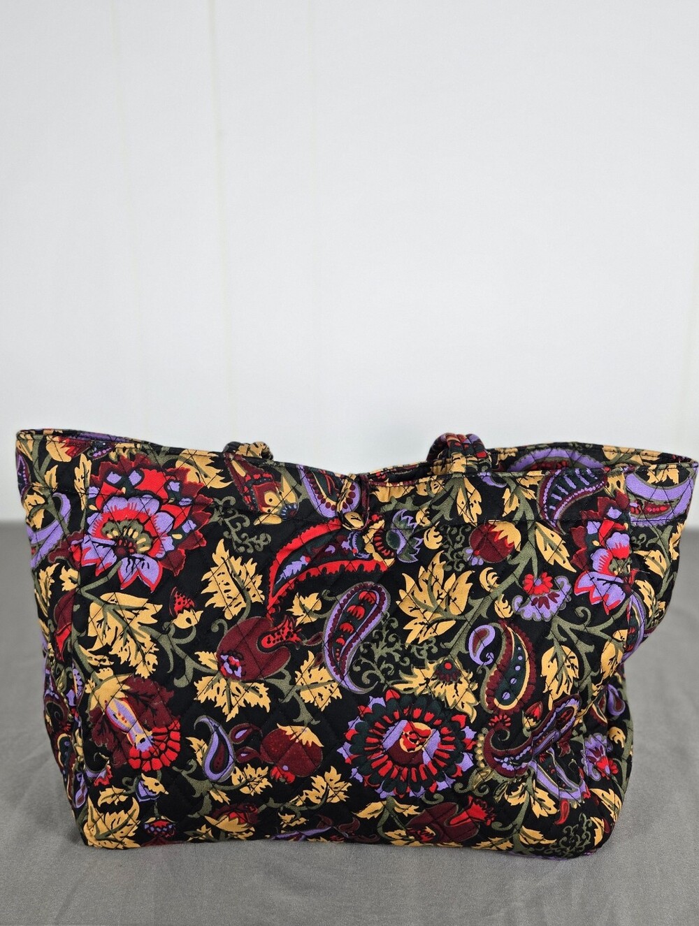 Vera Bradley Black Quilted Tote with Purple, Gold & Red Paisley Floral Travel